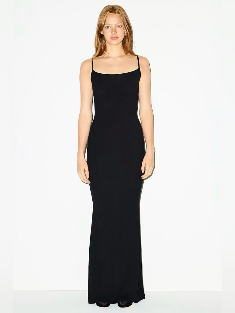 Skims Long Slip Dress Black Spaghetti-Strap Maxi Gown. Size M